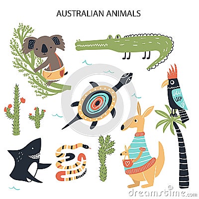 Set of diferent cartoon Australian animals. Cute handdrawn kids clip art collection. Vector illustration Vector Illustration