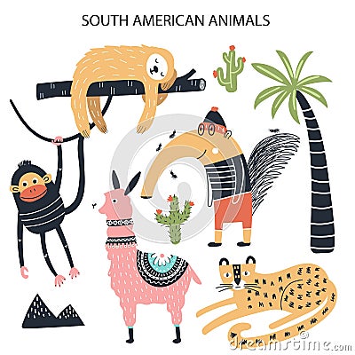 Set of diferent cartoon South American animals. Cute handdrawn kids clip art collection. Vector illustration Vector Illustration