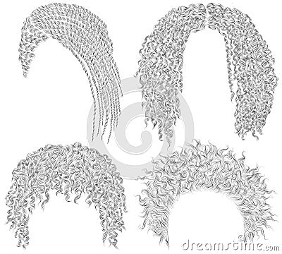 Set of different afro hairstyle.dreadlocks cornrows round disheveled curly hairs . fashion beauty african style . fringe pencil Stock Photo