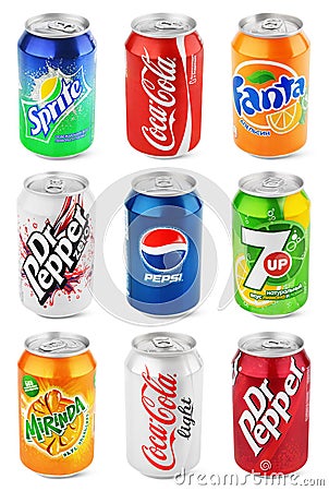 Set of different aluminum soda cans isolated on white Editorial Stock Photo