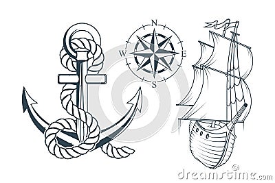 Set of different anchors for marine design. Illustration of a ship`s anchor with a rope and ship. Vector Illustration