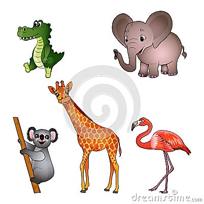 Set of different animals isolated on the white background. Crocodile, Elephant, Koala, Giraffe, Flamingo. Flat style Vector Illustration