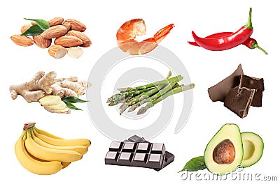 Set with different aphrodisiac food for increasing sexual desire on white background Stock Photo