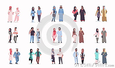 Set different arabic business couple standing together arab man woman wearing traditional clothes arabian cartoon Vector Illustration
