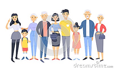 Set of different asian couples and families. Cartoon style people of different ages young and elderly, with baby, boy, girl, Stock Photo