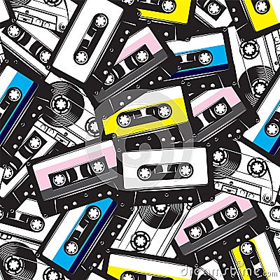 A set of different audio cassettes. Seamless background in retro style. Colored vector illustration Vector Illustration