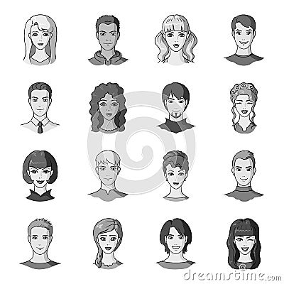 Set of different avatars girls and men. Avatar and face icon in set collection on monochrome style vector symbol stock Vector Illustration