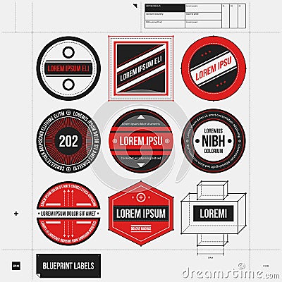 Set of 9 different badges/labels in draft style Vector Illustration
