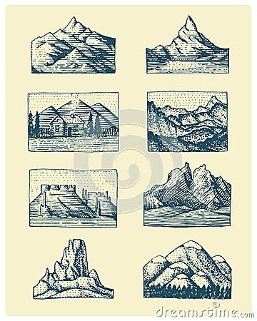 Set of 8 different badges with mountains, engraved, hand drawn or sketch style include logos for camping, hiking Vector Illustration