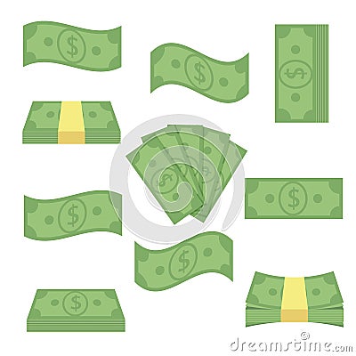 Set different banknotes money. Stack bills, finance heap cash - flat vector illustration. Currency objects on a Vector Illustration