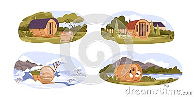 Set of different barrel sauna with natural landscape vector flat illustration. Collection of various wooden outdoor Vector Illustration