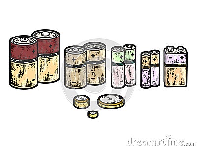 Set of different batteries color. Sketch scratch board imitation. Vector Illustration