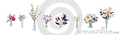 Set of different beautiful bouquets with garden and wild flowers vector flat illustration. Collection of various Vector Illustration