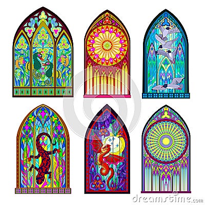 Set of different beautiful colorful stained glass windows in Gothic style. Middle age architecture in Western Europe. Vector Illustration