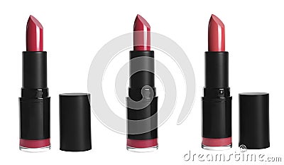 Set with different beautiful lipsticks on white background Stock Photo