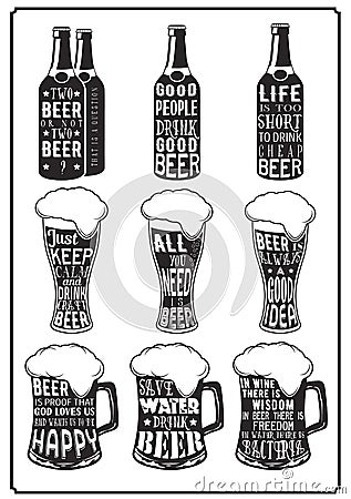 Set of different beer posters with aphorisms in retro vintage style Vector Illustration