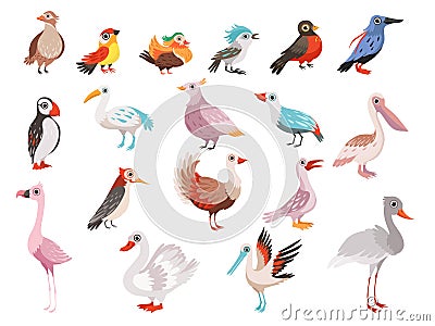 Set of different birds, side view. Sparrow, bullfinch, toucan, pelican, flamingo, woodpecker vector illustration Vector Illustration