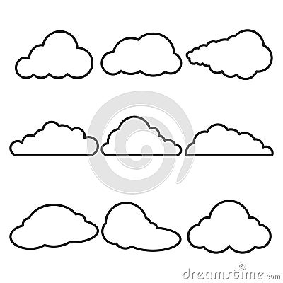 Set of different black contour clouds. Cloud outlines collection. Template design for web site, logo, app, UI Vector Illustration