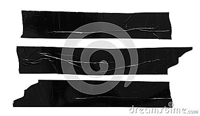 Set of different black scotch sticky tapes isolated on white background. Torn wrinkled sellotape pieces collection Stock Photo