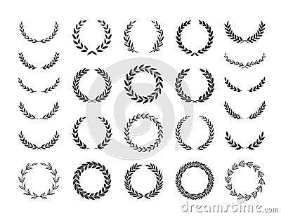 Set of different black and white silhouette round laurel foliate and olive wreaths depicting an award, achievement, heraldry, Vector Illustration