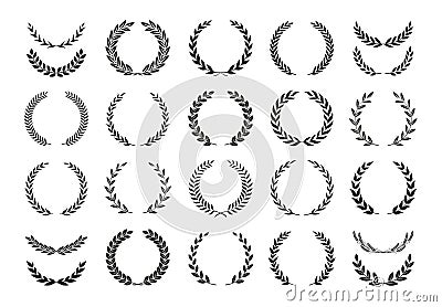 Set of different black and white silhouette round laurel foliate and wheat wreaths depicting an award, achievement, heraldry, Vector Illustration