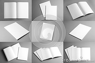 Set of different blank brochures on grey background. Stock Photo