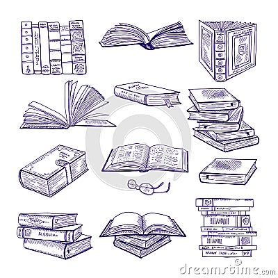 Set of different books. Hand drawn vector sketch. Doodle illustrations isolate on white Vector Illustration