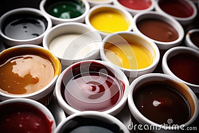 Set of different bowls of various dip sauces. Top view. Generative AI Cartoon Illustration