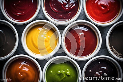 Set of different bowls of various dip sauces. Top view. Generative AI Cartoon Illustration