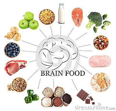 Set with different brain food on background Stock Photo