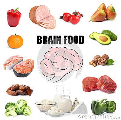 Set with different brain food on background Stock Photo