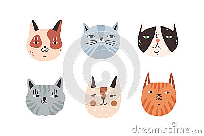 Set of different breeds cat muzzle vector flat illustration. Collection portraits of various cute childish domestic Vector Illustration