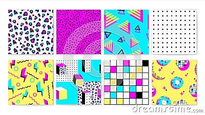Set of different bright 90s vibrant seamless pattern vector graphic illustration Vector Illustration