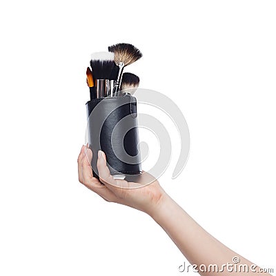 Set of different brushes for make-up in special case Stock Photo