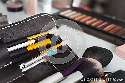 Set of different brushes of professional makeup artist, accessories for makeup is pleasantly blurred against the background Stock Photo