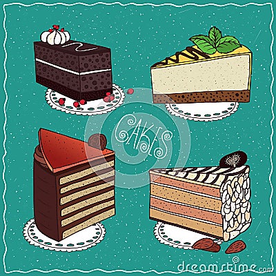 Set of different cakes in handmade cartoon style Vector Illustration