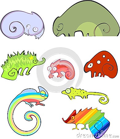 Set of different cartoon chameleons disguised as different objects Stock Photo