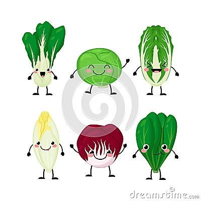 Set of different cartoon green salat leaves characters Vector Illustration