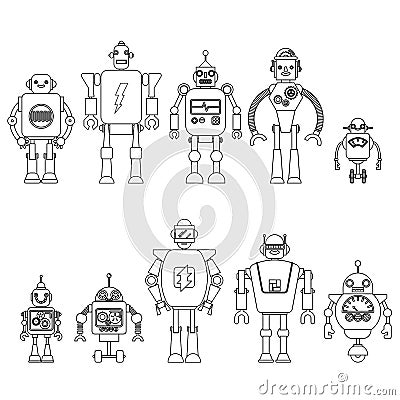 Set Of different cartoon robots characters ,spaceman cyborg icons line style isolated on white background. Vector Illustration