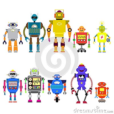 Set Of different cartoon robots characters ,spaceman cyborg icons line style isolated on white background. Vector Illustration