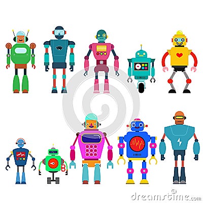 Set Of different cartoon robots characters ,spaceman cyborg icons line style isolated on white background. Vector Illustration