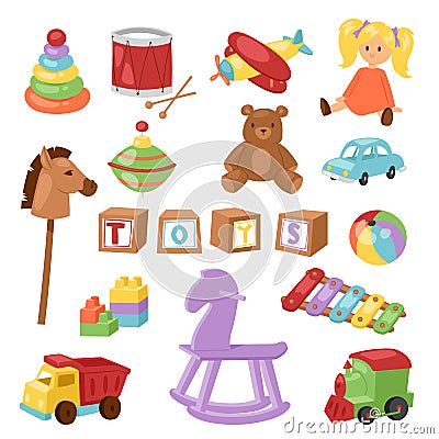 Set of different cartoon vector kids toys collection isolated on white background playfull children stuff Vector Illustration