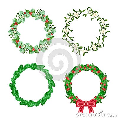 Set of different Christmas wreaths isolated on white. Vector Illustration