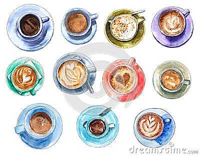Set of different coffee cups, hand drawn watercolor illustration. Cartoon Illustration