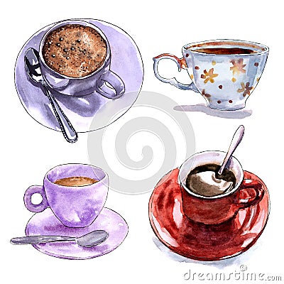 Set of different coffee cups, hand drawn watercolor illustration. Cartoon Illustration