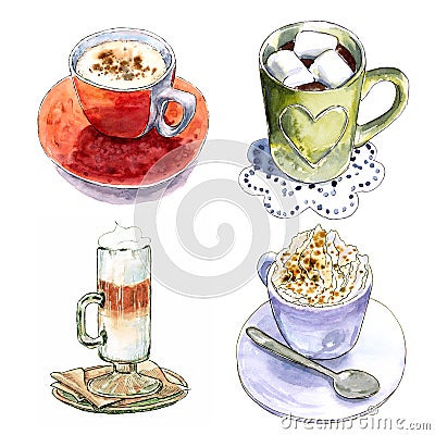 Set of different coffee cups, hand drawn watercolor illustration. Cartoon Illustration