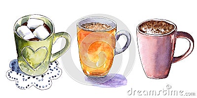 Set of different coffee cups, hand drawn watercolor illustration. Cartoon Illustration