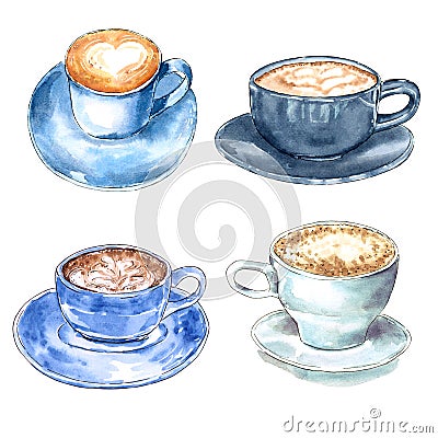 Set of different coffee cups, hand drawn watercolor illustration. Cartoon Illustration