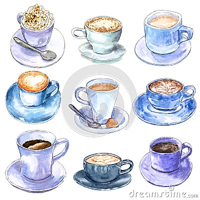 Set of different coffee cups, hand drawn watercolor illustration. Cartoon Illustration