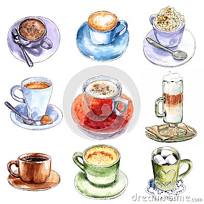 Set of different coffee cups, hand drawn watercolor illustration. Cartoon Illustration